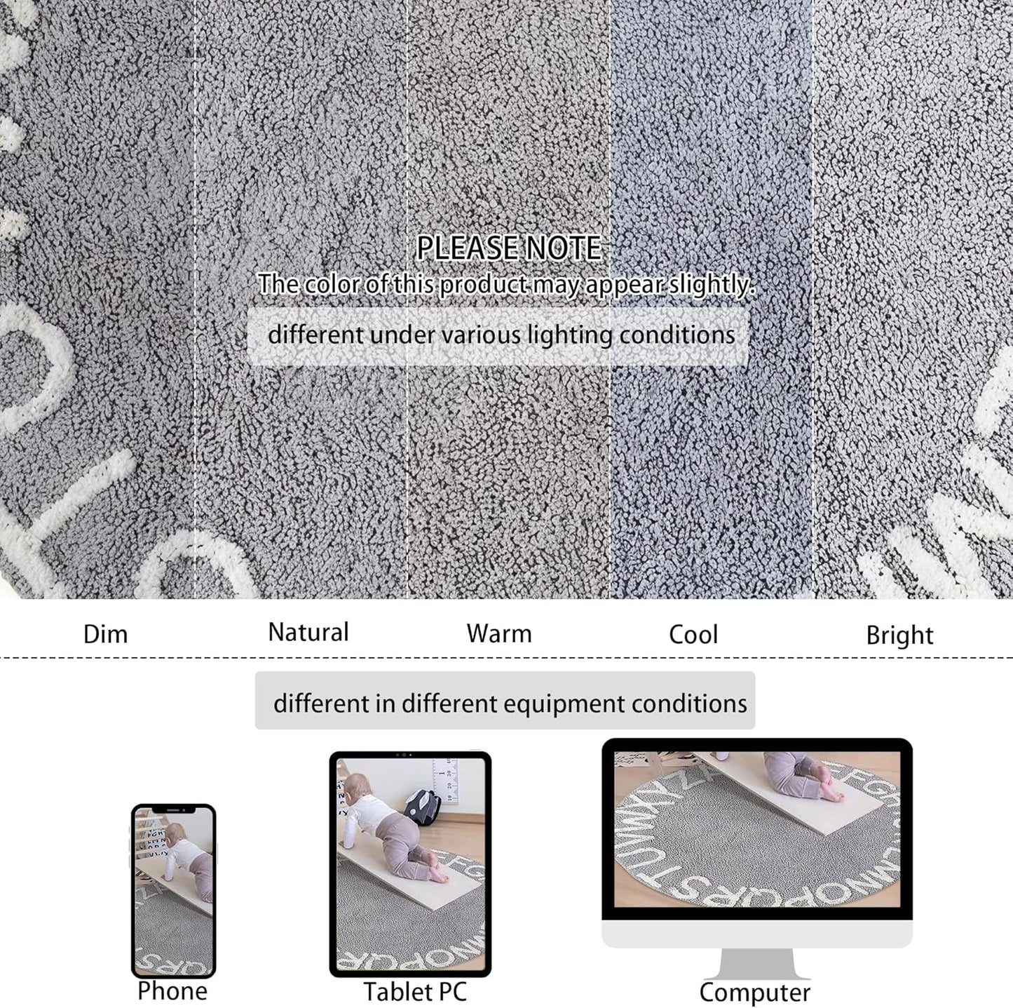 ABC Kids Rug - 59-Inch Round Cotton Alphabet Carpet in Grey and White, Soft and Educational for Playroom and Nursery