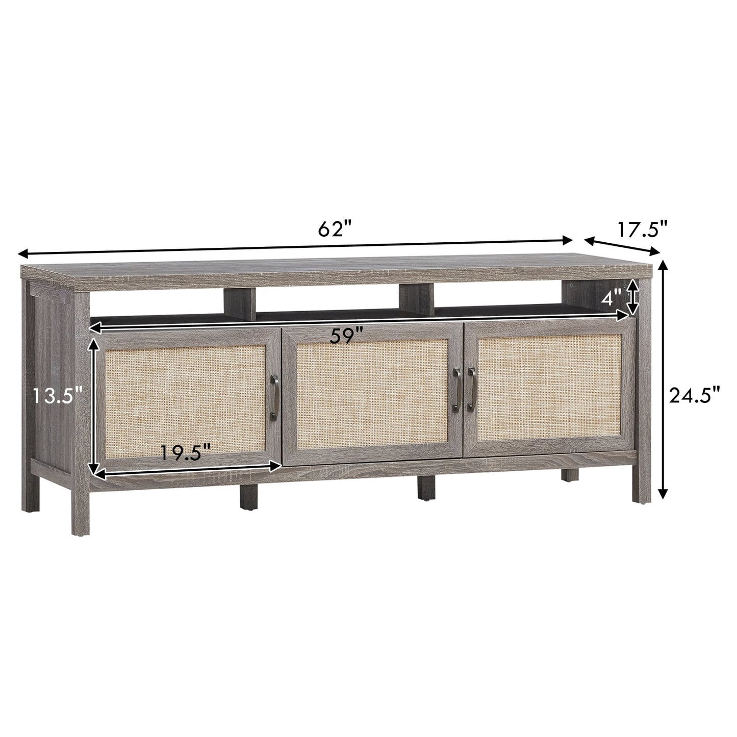 Universal Television Stand Cabinet Media Console with Three Rattan Doors in Grey