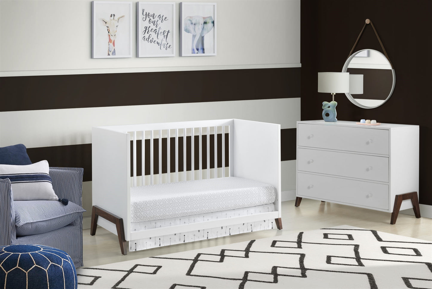 Mari Modern 3-in-1 Convertible Crib Island in White and Walnut Finish
