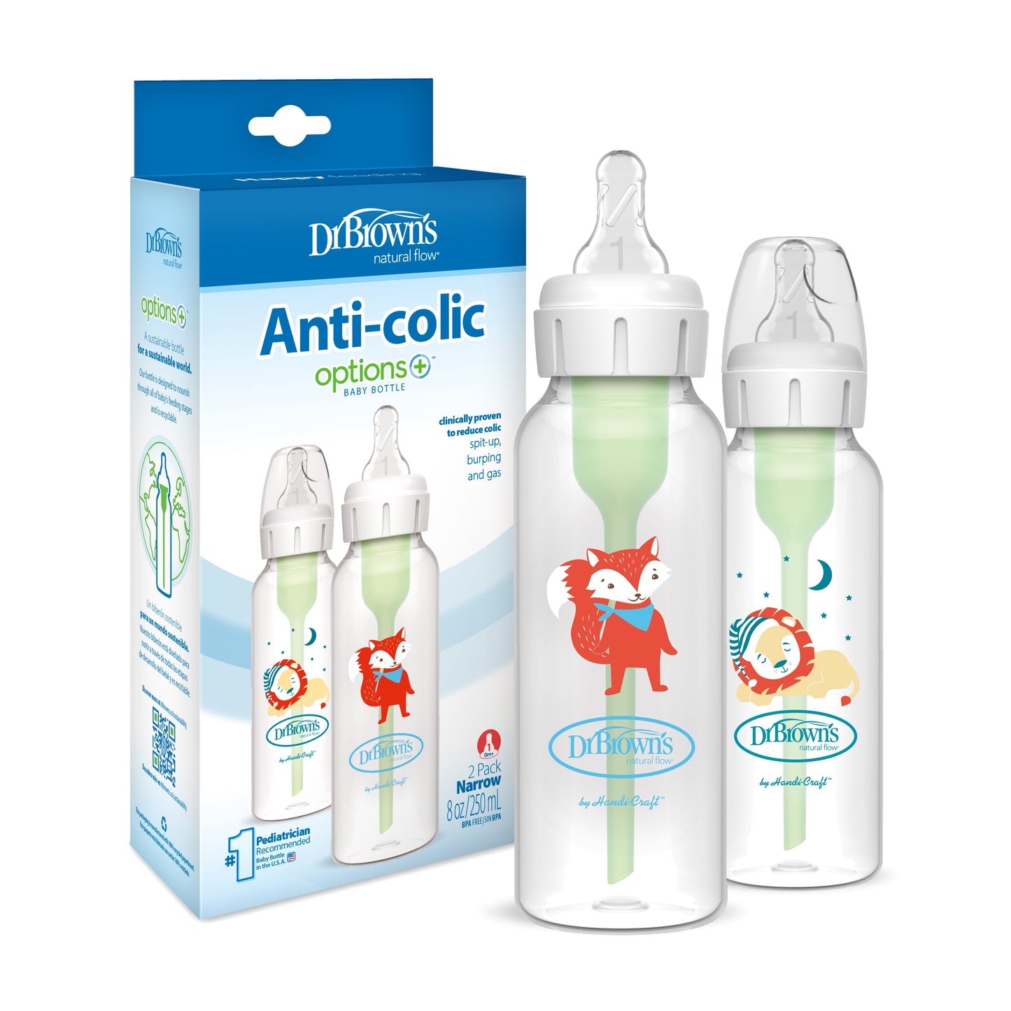 Natural Flow Anti-Colic Options+ Narrow Baby Bottle, Fox & Lion Design, 8 oz (250 ml), Level 1 Slow Flow Nipple, BPA-Free, Suitable for Newborns, Set of 2