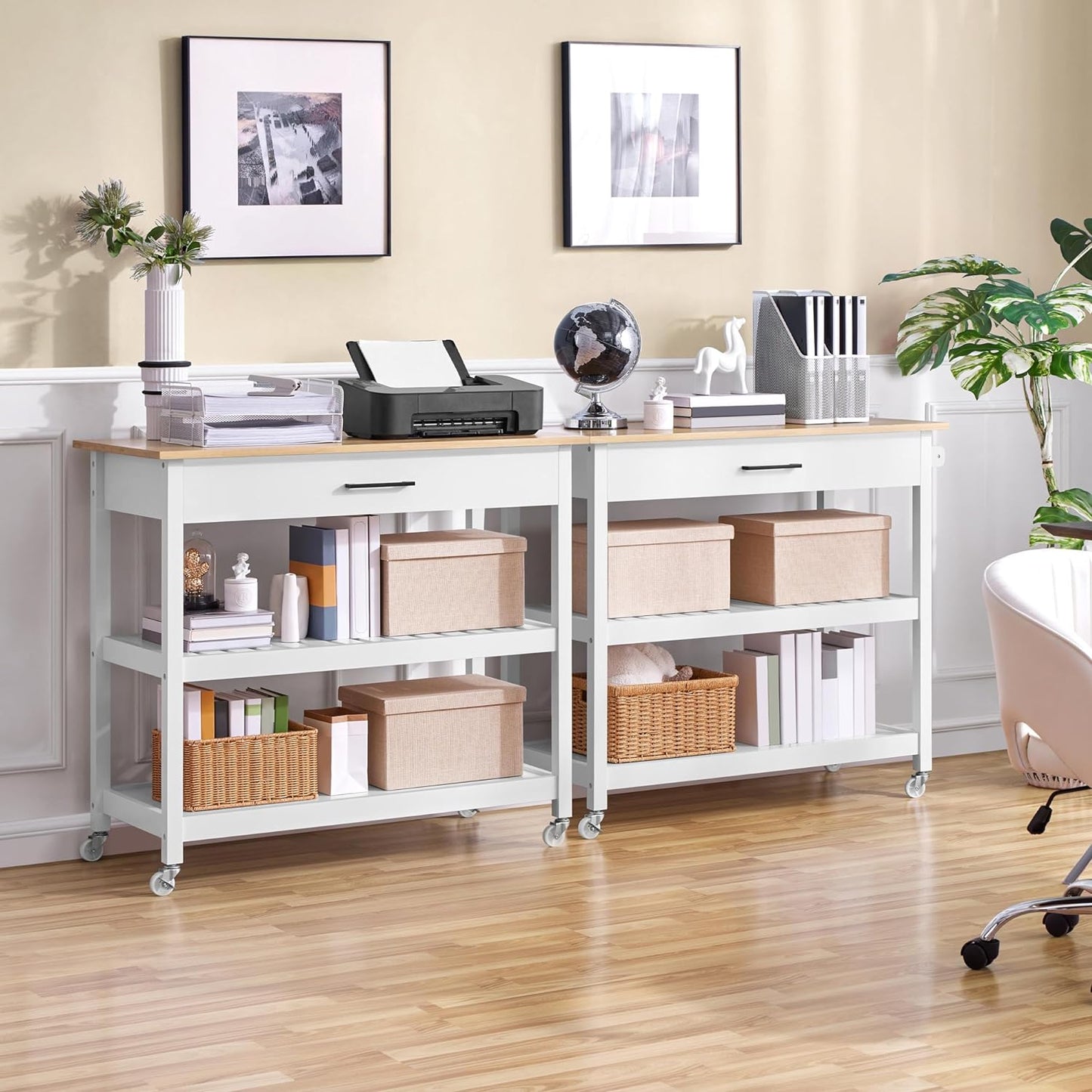 40-Inch Wide Rolling Kitchen Island Cart with Solid Wood Top, Drawer, and 2 Spacious Storage Shelves - Versatile Utility Trolley for Dining Room, White