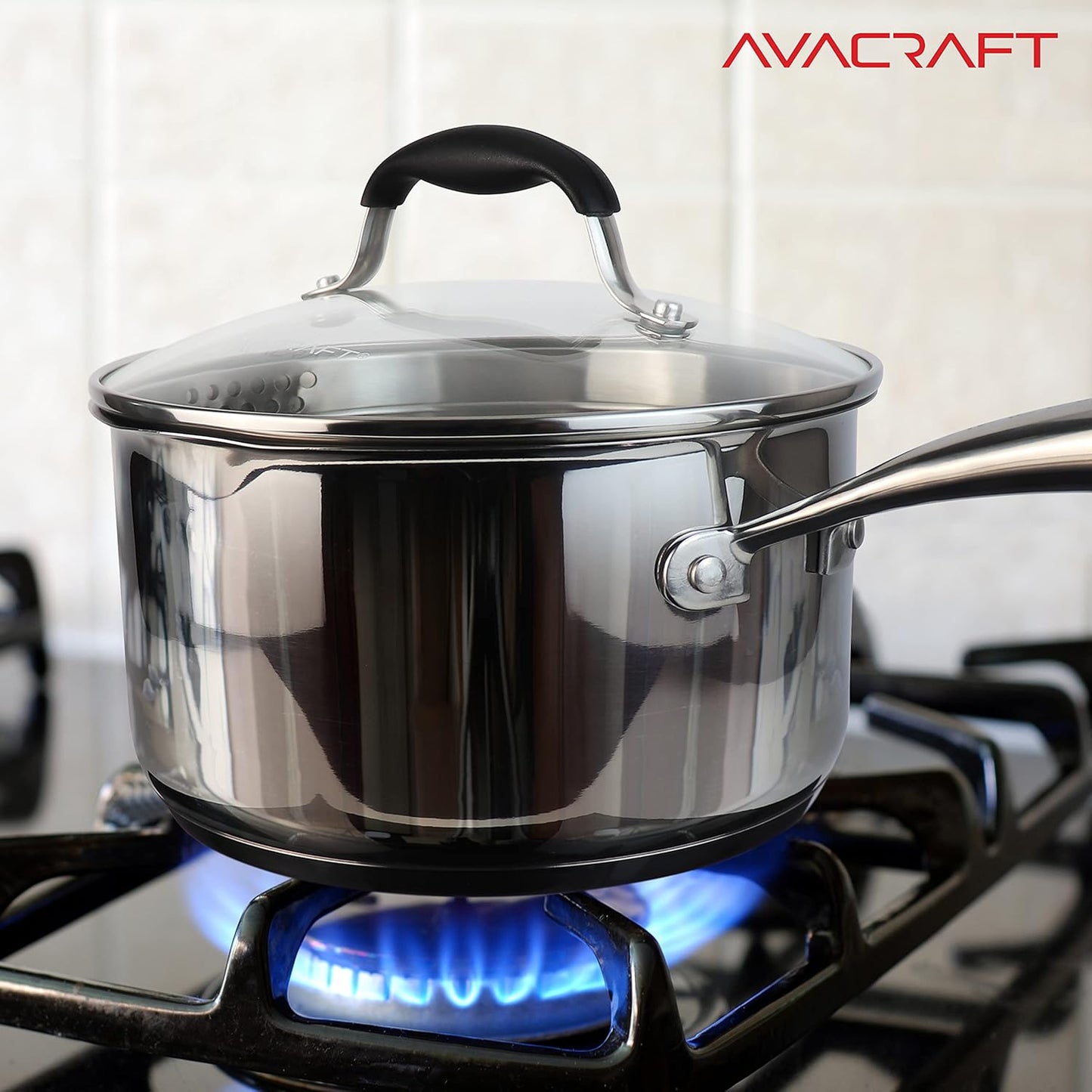 Stainless Steel Saucepan with Glass Strainer Lid, Two Side Spouts for Easy Pour with Ergonomic Handle, Multipurpose Sauce Pot (5-Ply Capsule Bottom, 3.5 Quart)