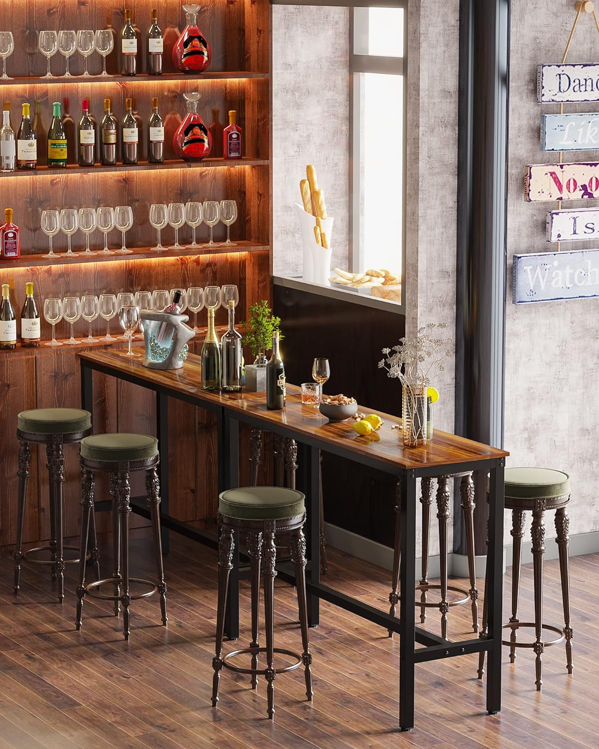 Rectangular Bar Height Pub Table with Sturdy Metal Frame, 47.24" Teak Finish for Kitchen, Dining, and Living Room