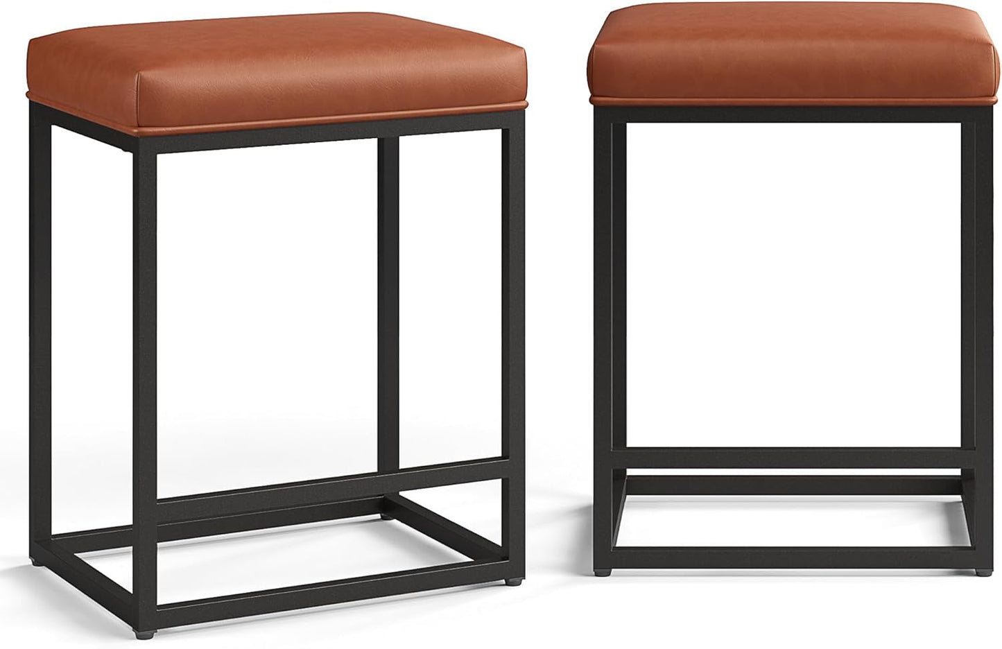 Set of 2 Modern 24" Backless Bar Stools for Kitchen Counter - Industrial Upholstered Faux Leather in Brown, Ideal for Farmhouse Islands