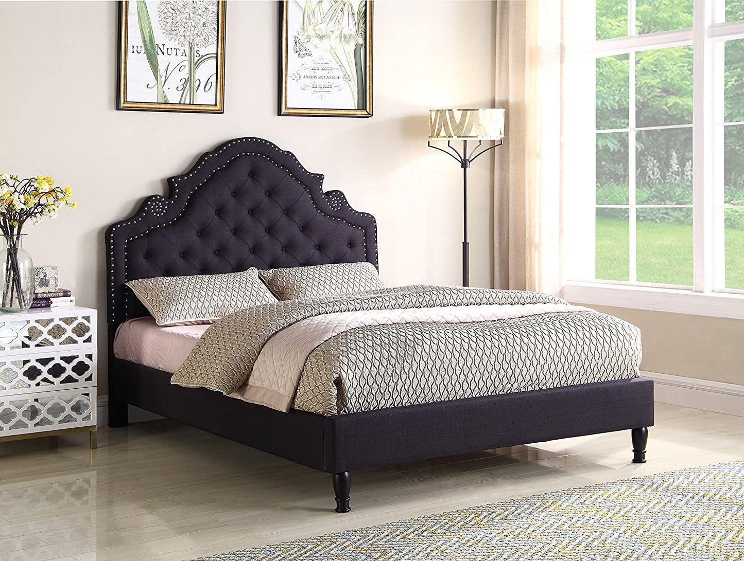 Premiere Classics 51" Tall King Platform Bed with Upholstered Headboard and Slats - Black Linen