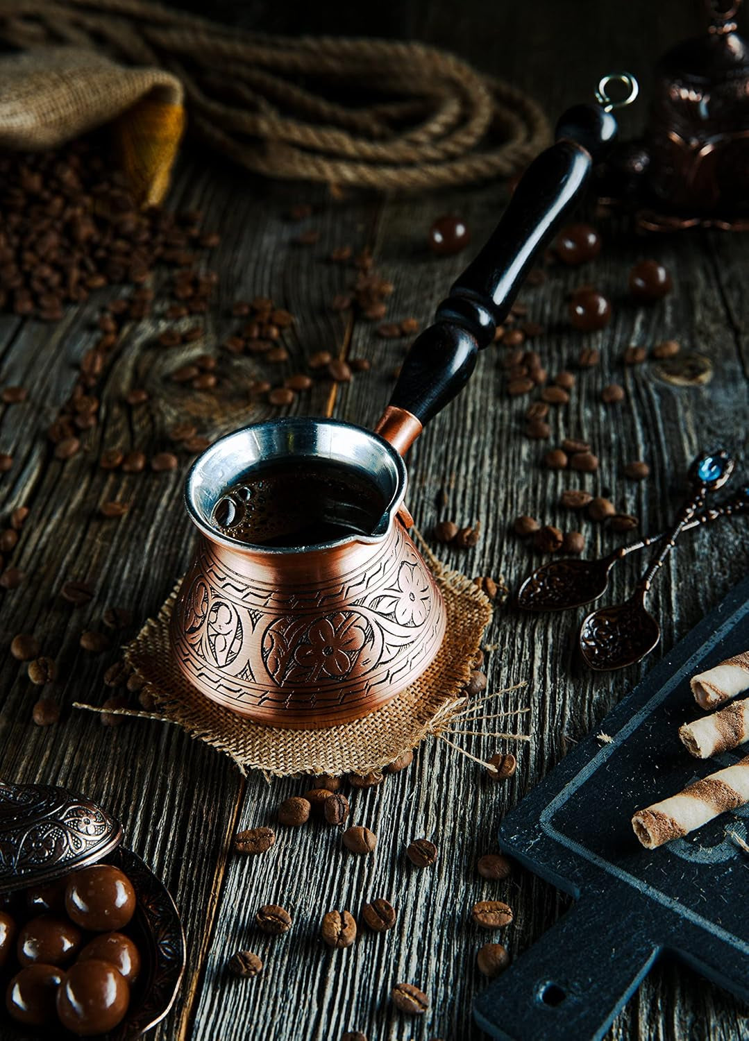 Thickest Copper Turkish Greek Arabic Coffee Pot, Stovetop Coffee Maker, Cezve Ibrik Briki with Wooden Handle & Spoon, Hand Engraved (Matte Copper, 9 Ounces)