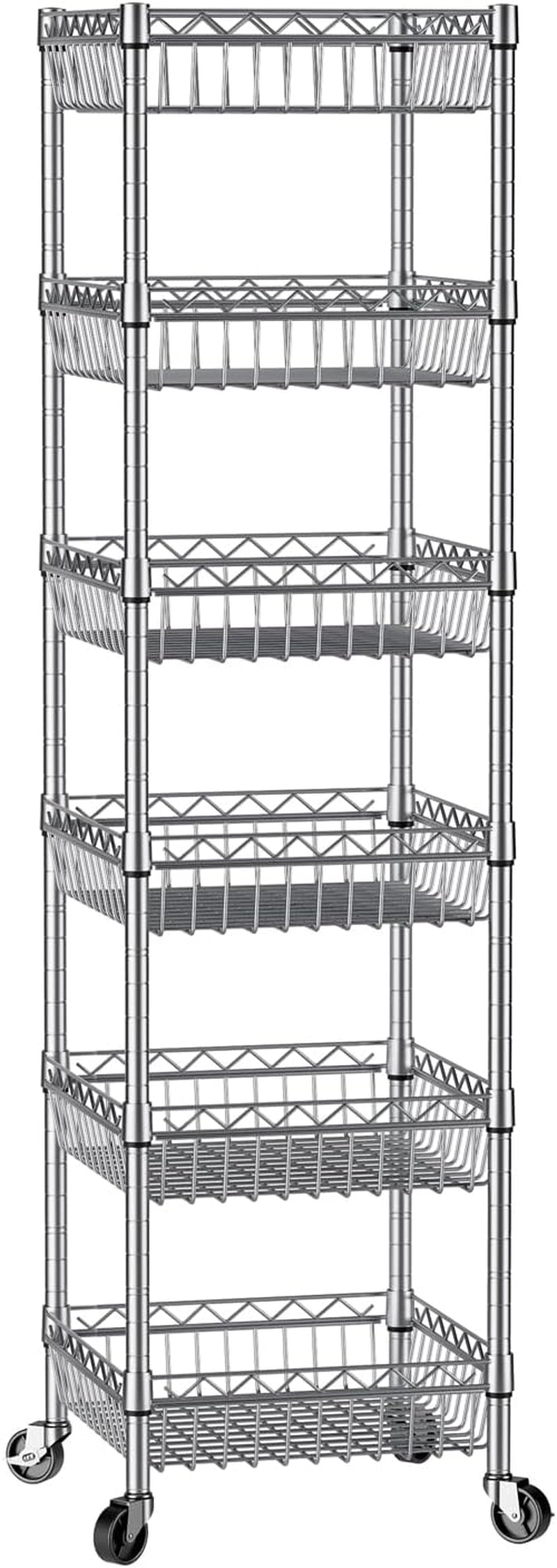 Adjustable Metal Wire Shelving Unit with Wheels for Kitchen, Laundry, and Pantry Organization - 13.5" D x 13.5" W x 63" H - Silver Finish