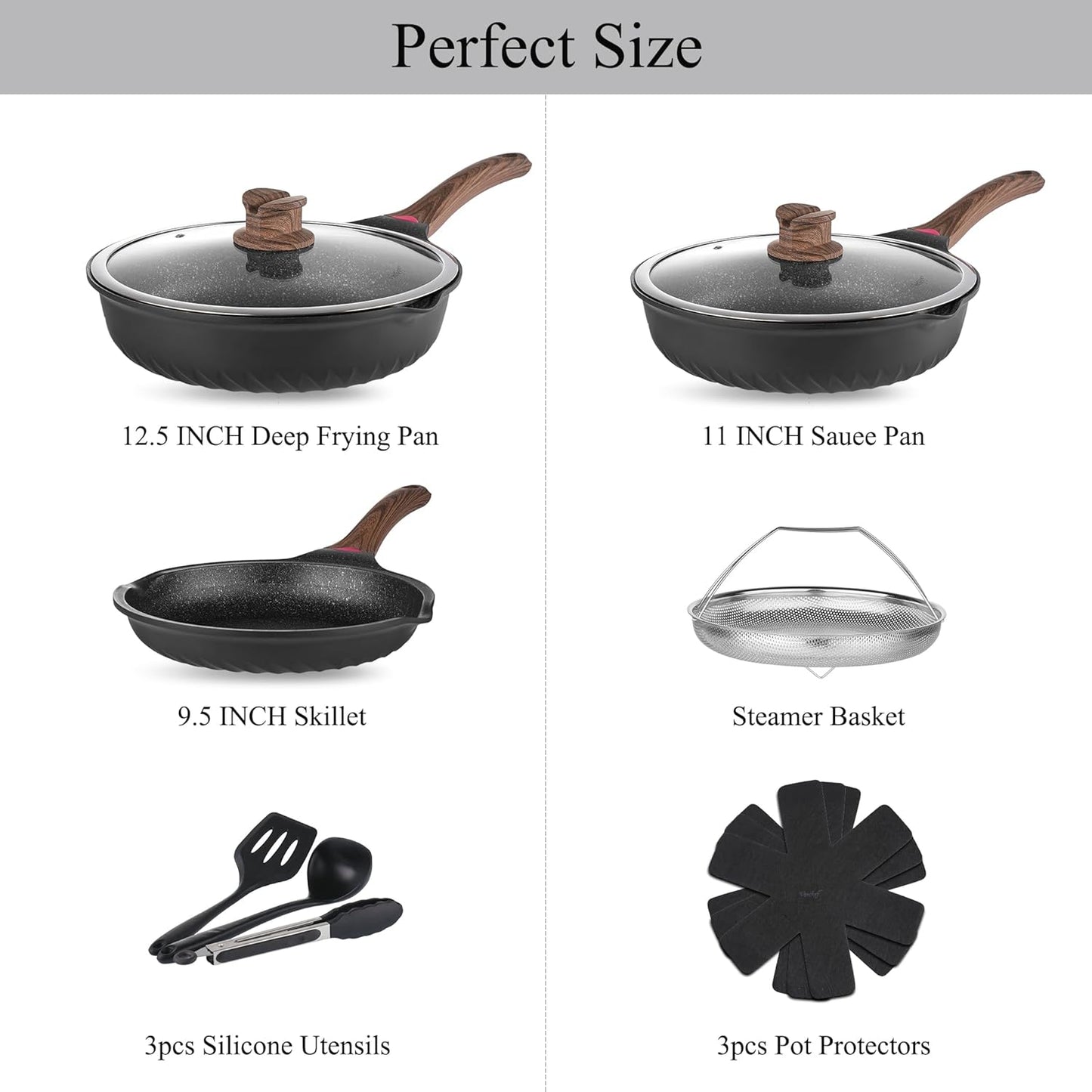 Pots and Pans Set, 12Pcs Nonstick Induction Kitchen Cookware Sets with Stay-Cool Handles, Frying Pans and Saute Pan with Lid, Silicone Cooking Utensil Sets and Pot Protectors, PFAS, PFOA Free