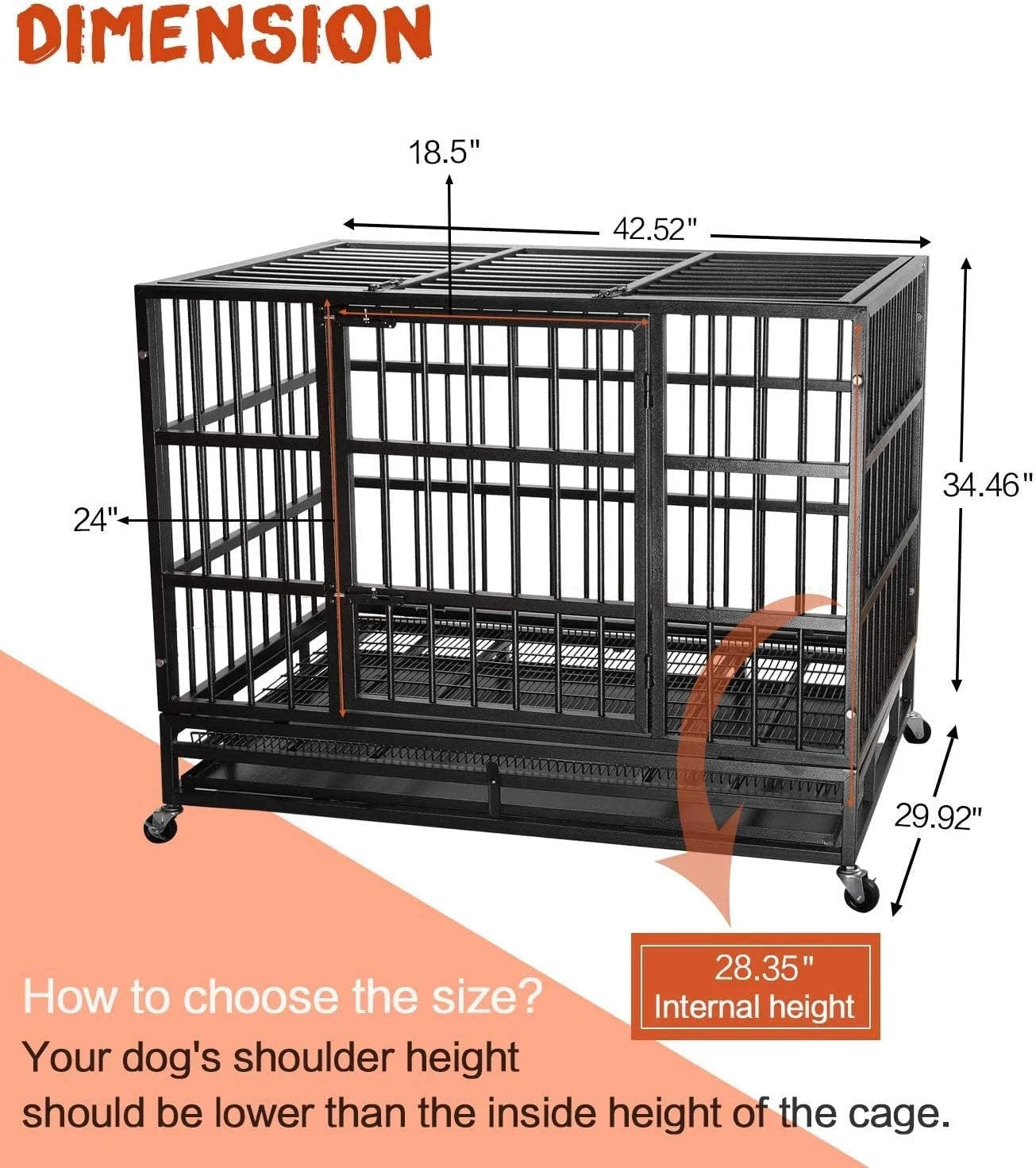 42 Inch Heavy Duty Dog Crate Cage with Wheels for Indoor, Large Dog Kennel with Removable Tray