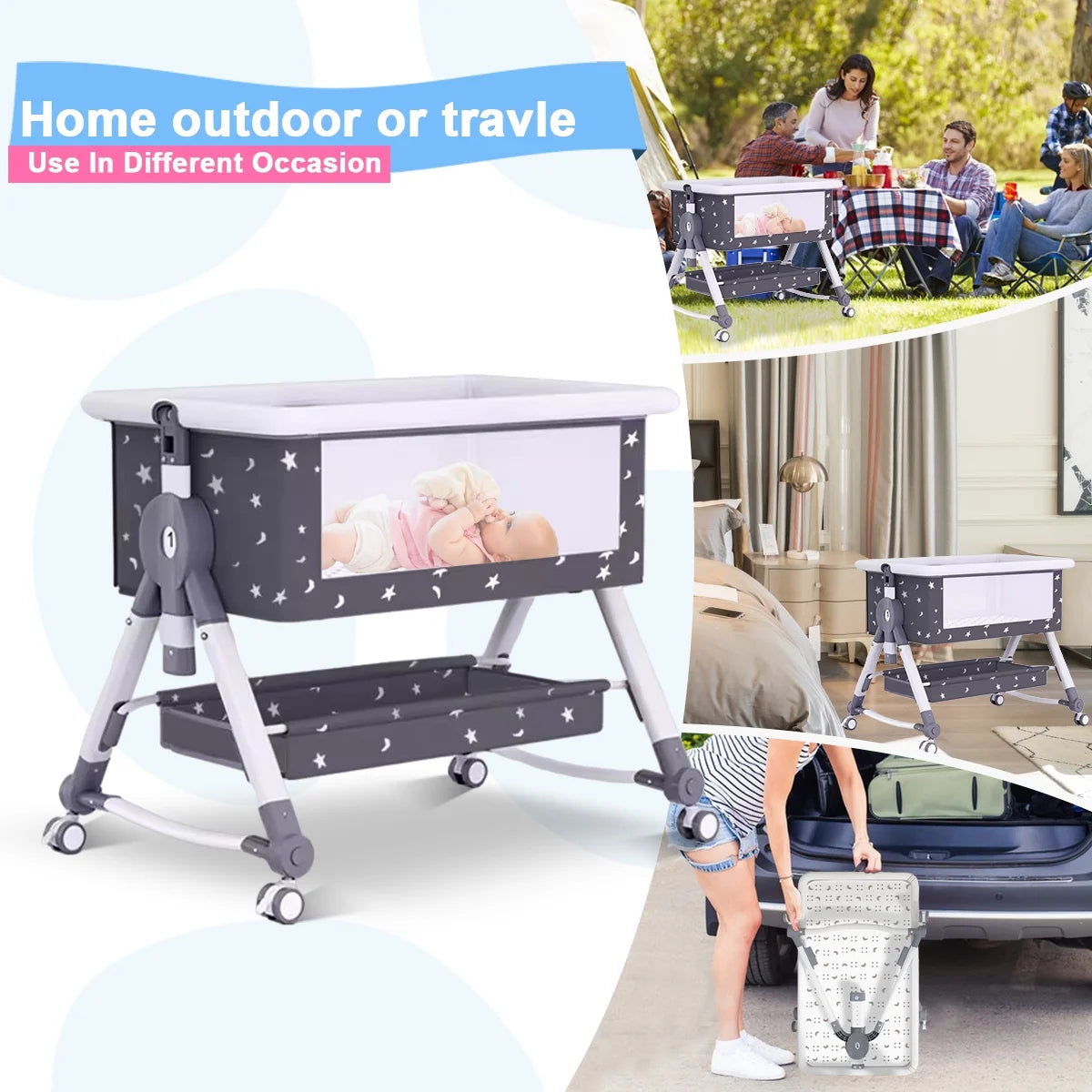 4-in-1 Adjustable Height Bedside Bassinet with Storage Basket in Black