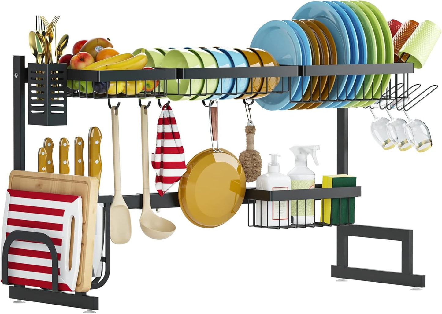 Stainless Steel Over-Sink Dish Drying Rack, Adjustable 2-Tier Large Dish Drainer for Kitchen Organization, Black (Standard 26"-38")