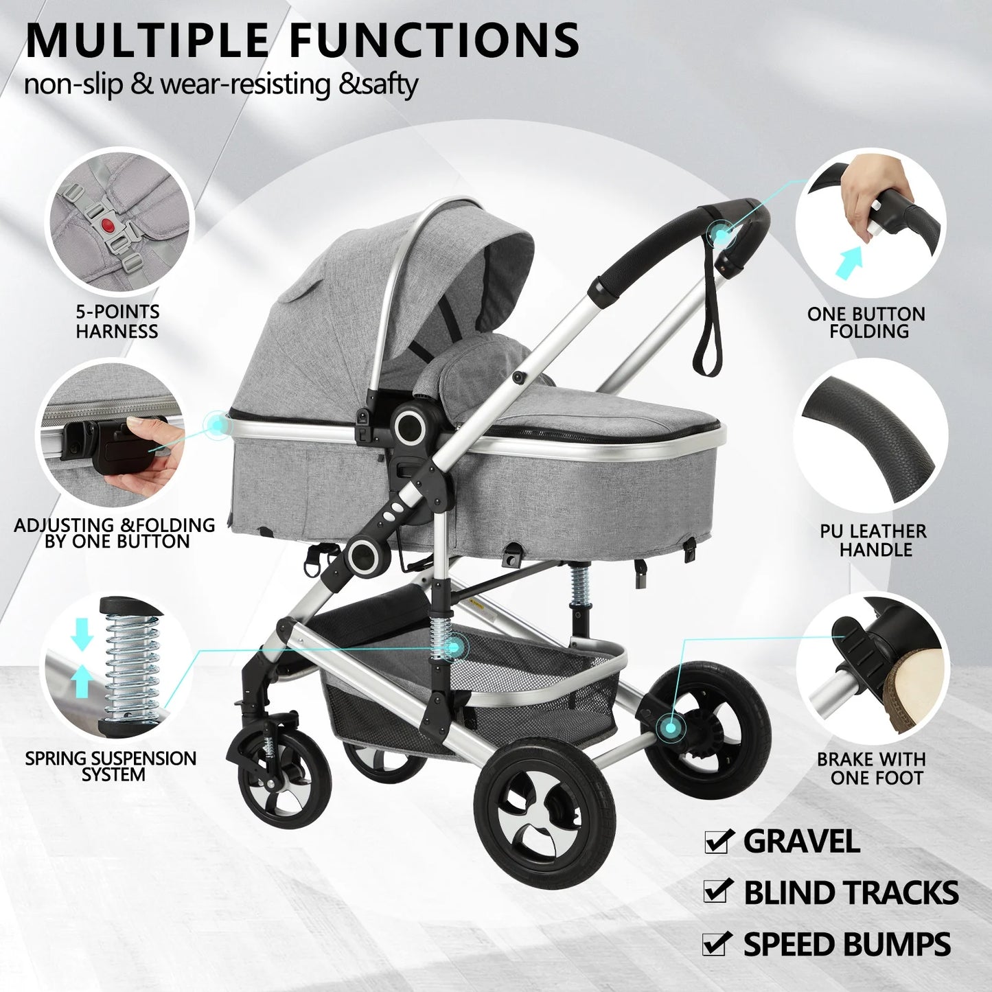 3-in-1 Convertible Baby Stroller with Spacious Seating, Adjustable Canopy, and Lightweight Design in Light Grey