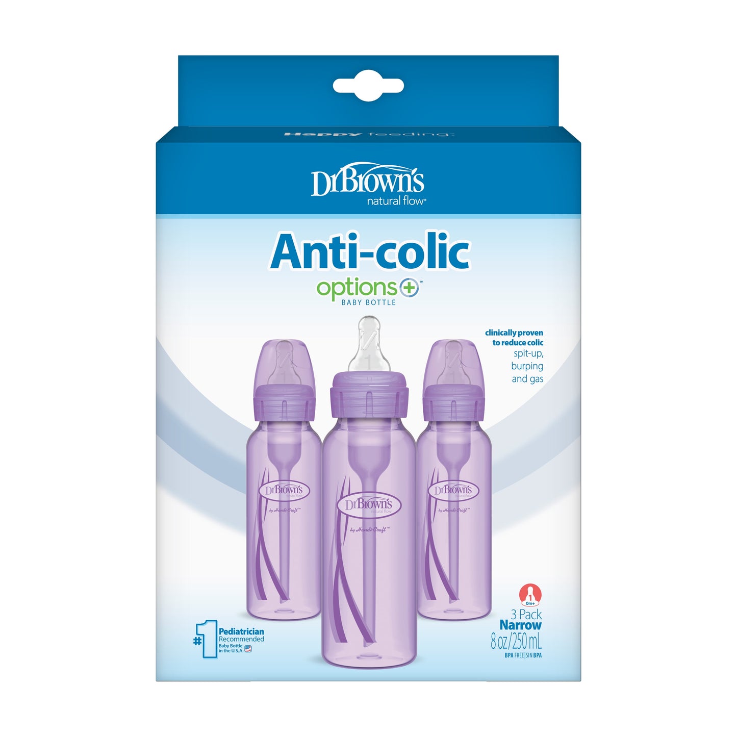 Natural Flow Anti-Colic Options+ Narrow Baby Bottles, Purple, 8 oz, Slow Flow, Suitable for Newborns, Set of 3
