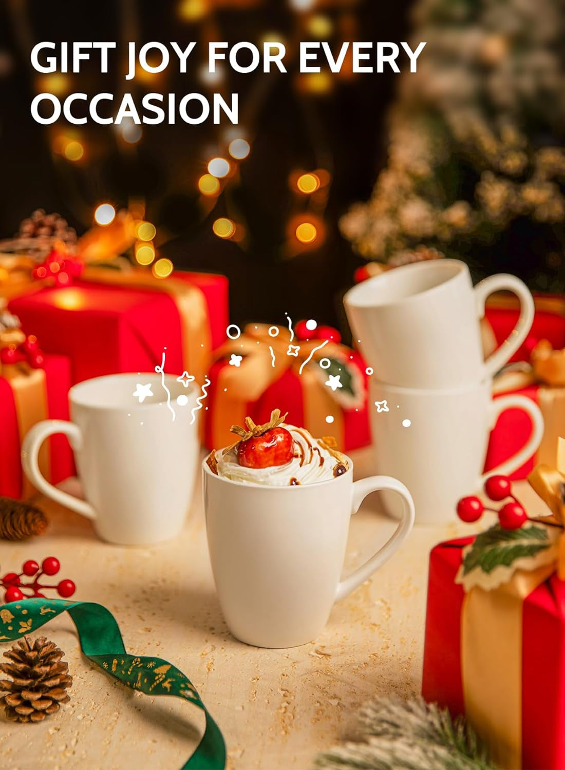 Porcelain White Coffee Mugs - 12 Ounce - Set of 6, Coffee Cups for Latte, Hot Tea, Cappuccino, Mocha, Cocoa, Festival Gift, Microwave Safe 