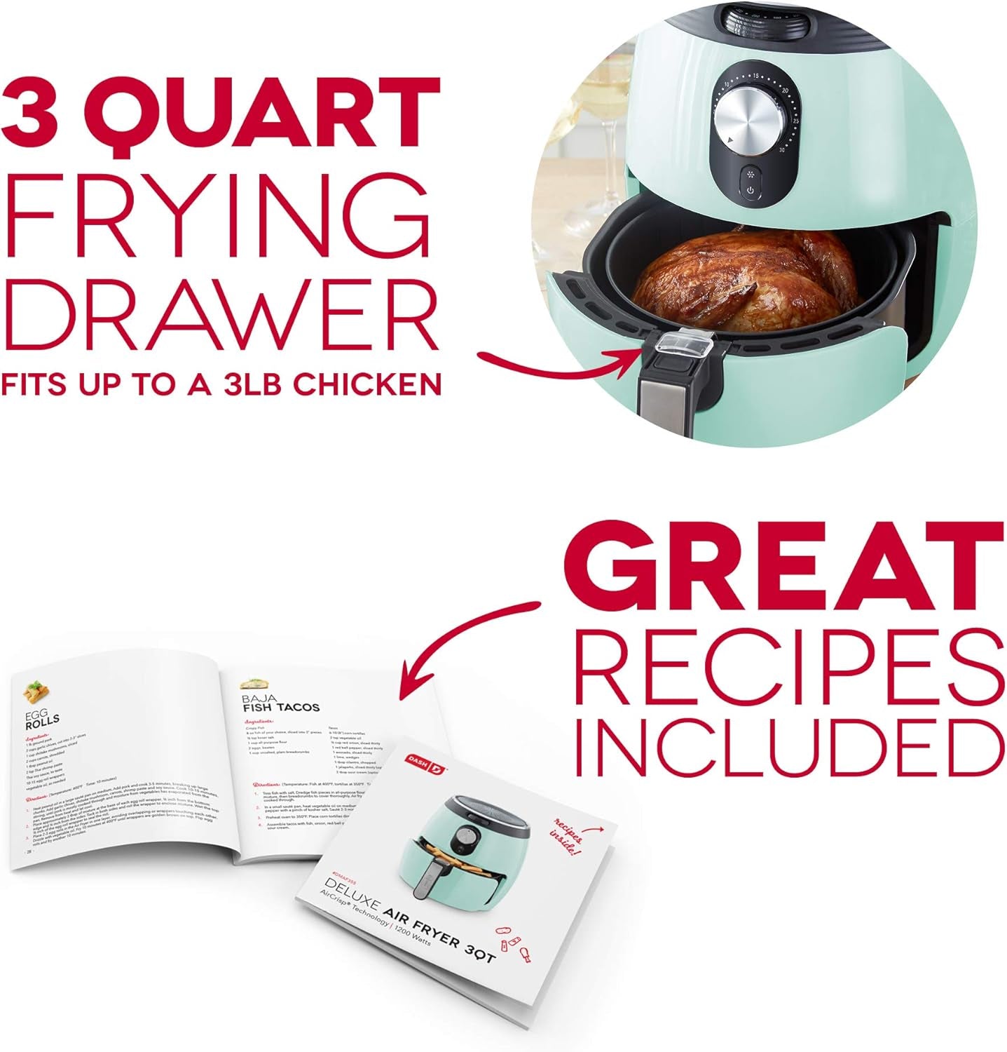 Deluxe Air Fryer -Has Aircrisp® Technology - Adjustable Temperature Control & Auto Shut-Off Feature - Compact Nonstick Basket - 3 Quarts - Aqua