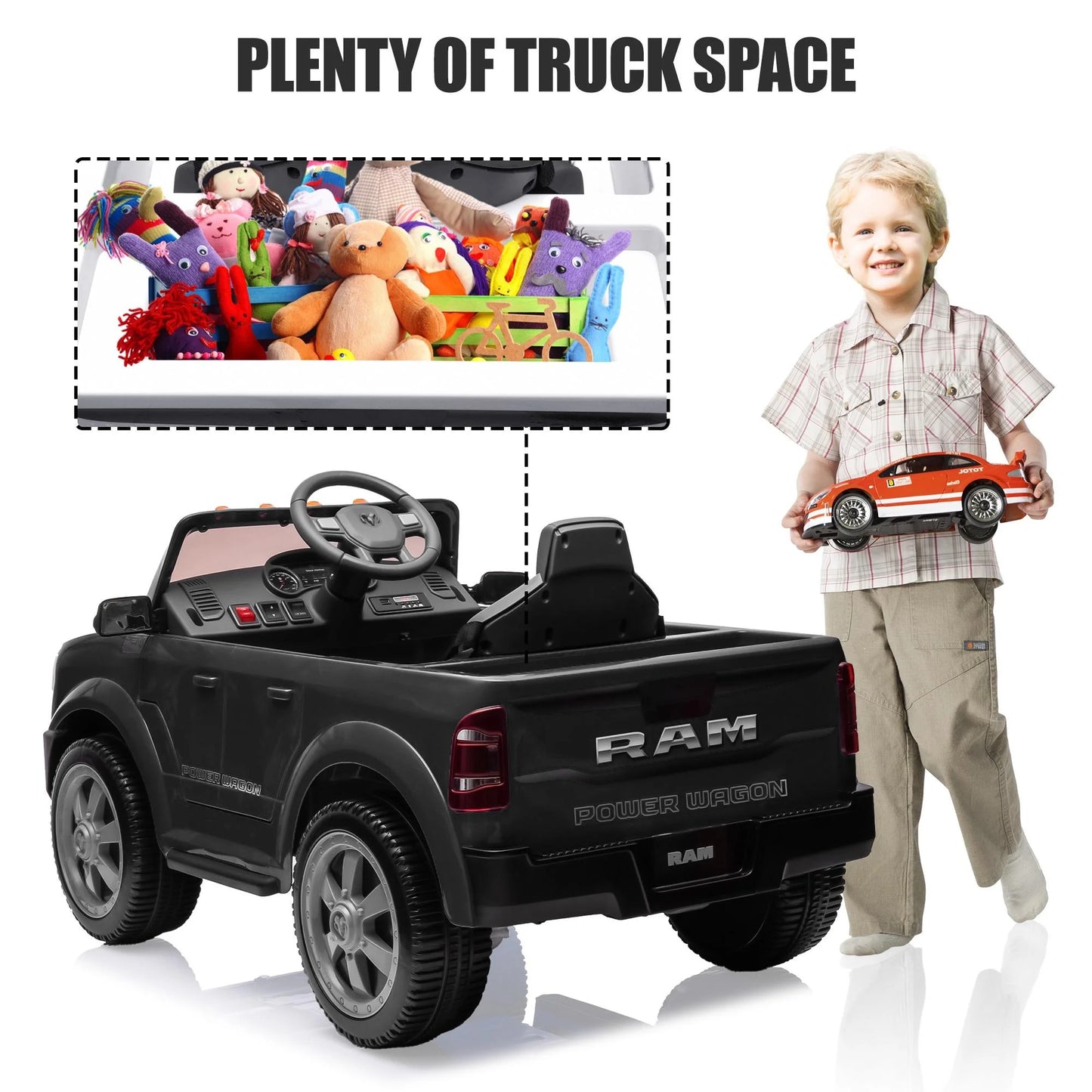 Dodge RAM 12V Electric Ride-On Car with Remote Control, Rear Wheel Suspension, 5-Point Safety Belt, MP3 Player, Bluetooth, LED Lights - Ideal for Children Ages 3-8, Black