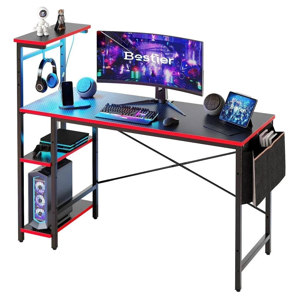52-Inch Gaming Desk with LED Lighting and Reversible Storage Shelves, Carbon Fiber Computer Desk with Side Storage Bag for Home and Office