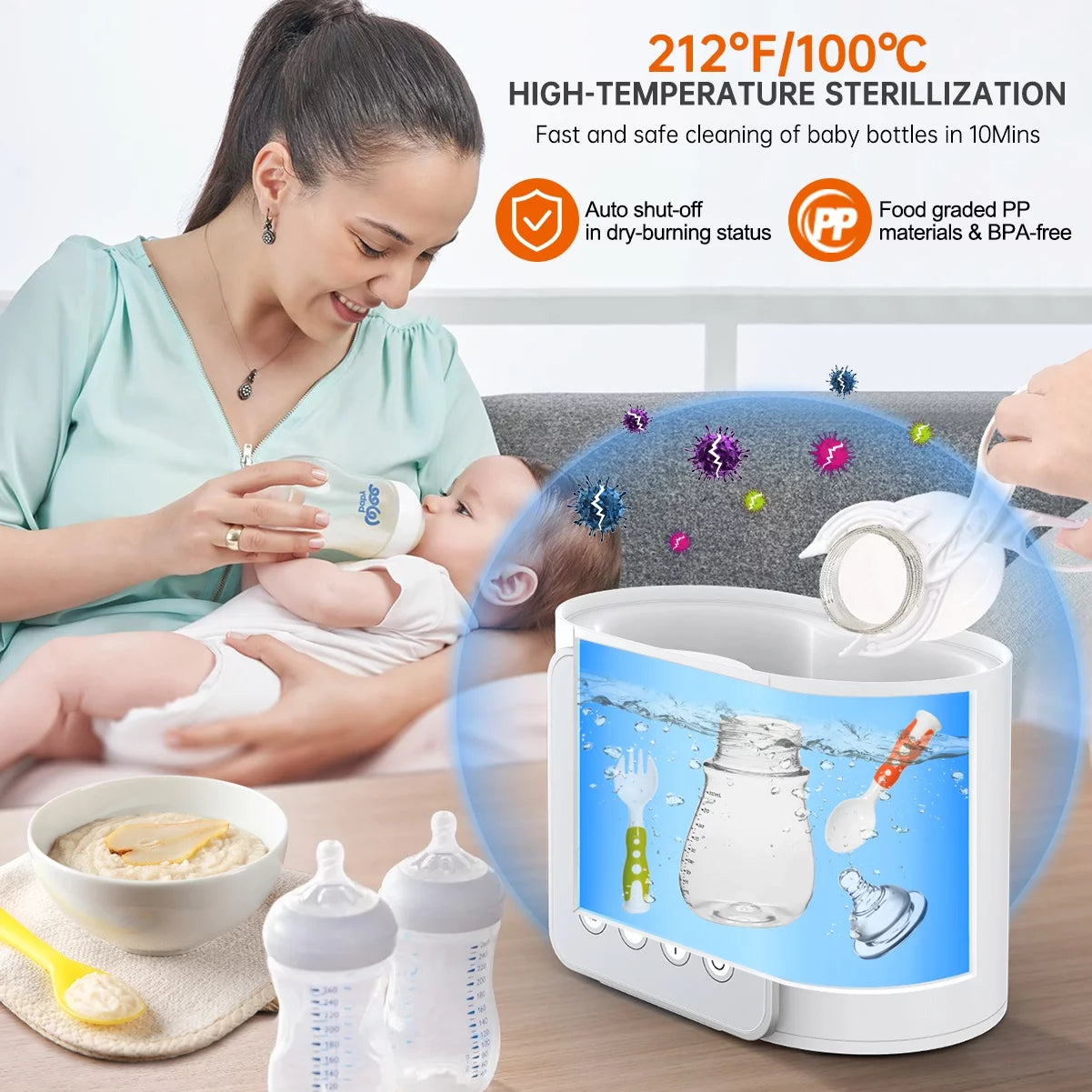 Multifunctional 9-in-1 Baby Bottle Warmer and Food Heater with Defrost Function, Dual Capacity, Programmable Timer, and 24-Hour Temperature Control for Breast Milk and Formula, BPA-Free with LCD Display