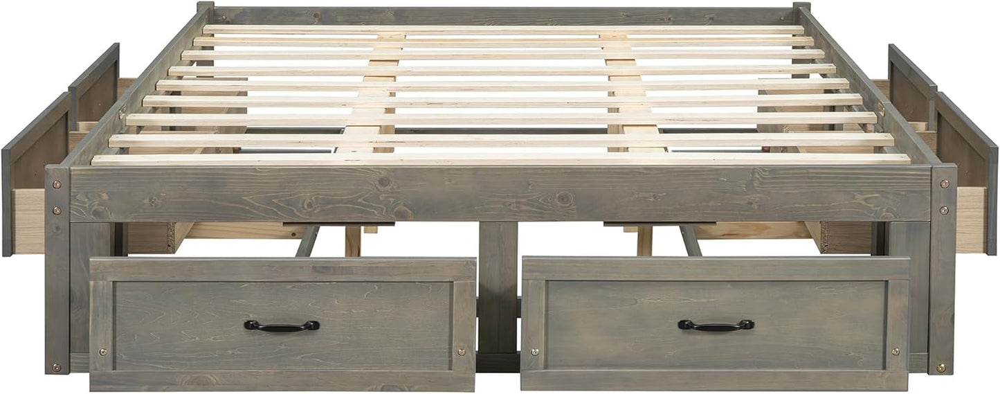Queen Size Platform Bed, Wooden Queen Bed with 6 Storage Drawers, Antique Gray
