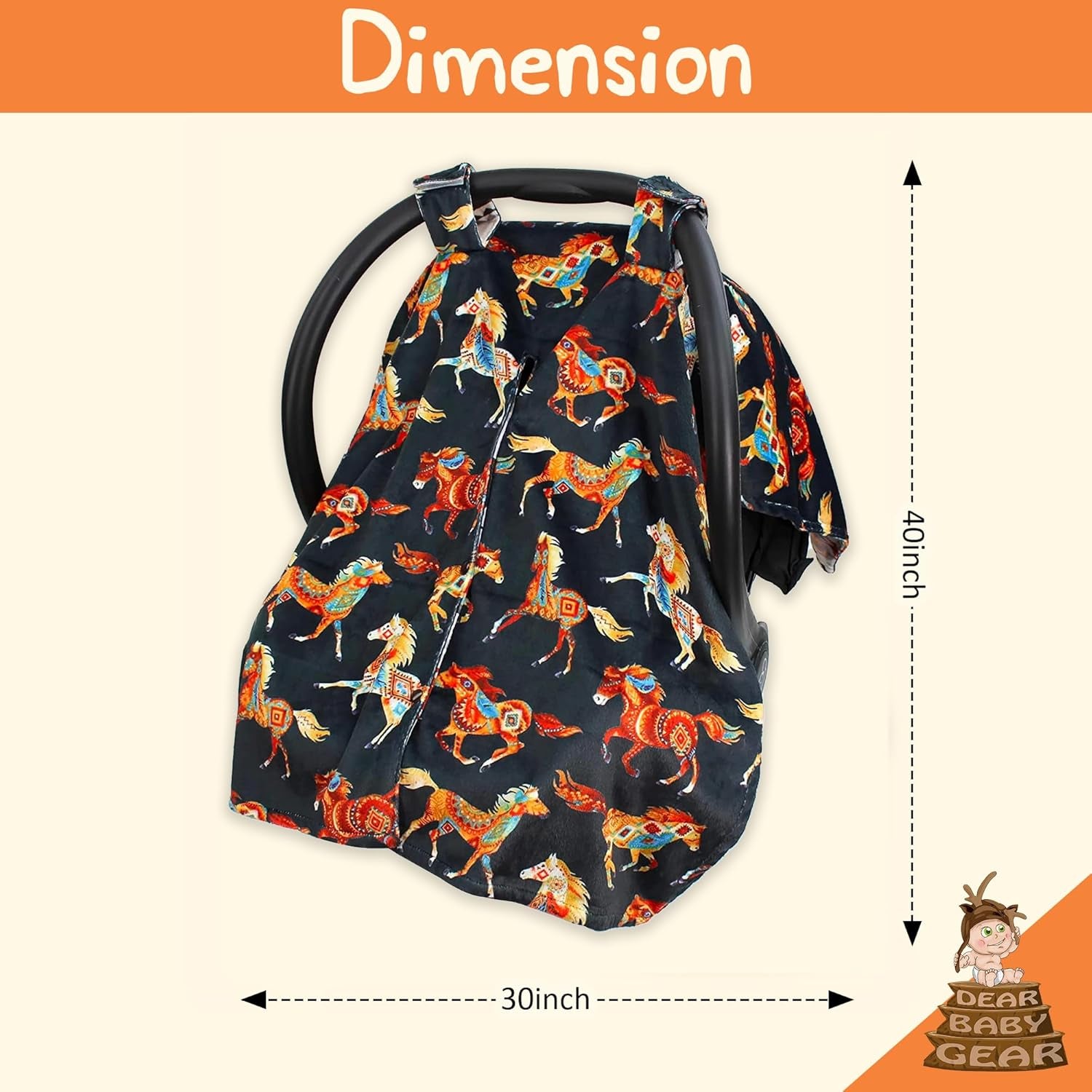 Reversible Infant Car Seat Canopy with Snap Opening (40" x 30") - Southwestern Tribal Horses Design for Boys and Girls
