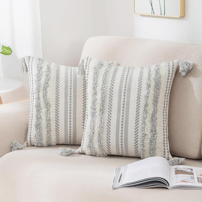 Decorative Boho Throw Pillow Covers 20X20 Set of 2, Accent Neutral Textured Tufted Pillow Covers Striped for Couch Bed Sofa Living Room, Grey and Cream White