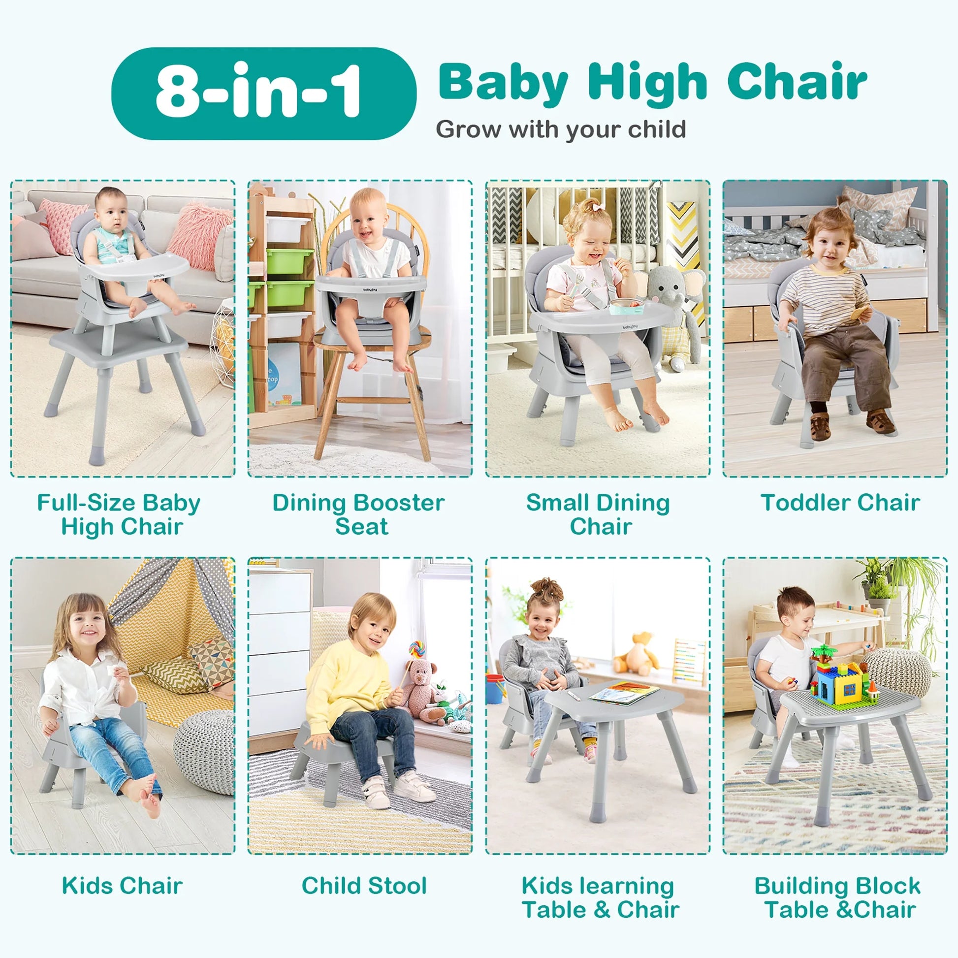 8-in-1 Convertible High Chair and Booster Seat with Removable Tray - Gray