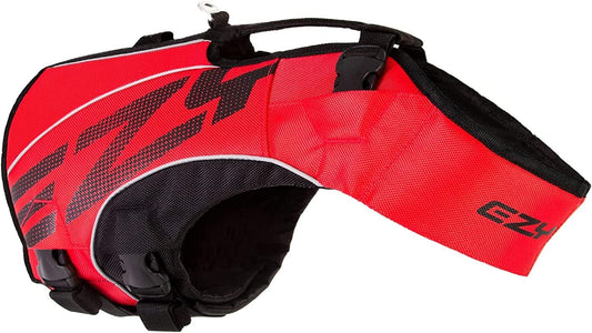 DFD X2 Dog Life Jacket - Adjustable Swimming Safety Life Vest Preserver with Continuous Neck Flotation, Reflective Trim, & Grab Handle (Medium, Red)