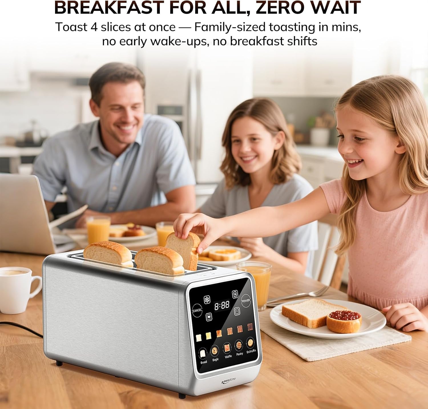 Toaster 4 Slice, Digital Smart Toaster with Touchscreen, Memory Function, Single Slot Toasting, Timer, Reheat & Defrost for Bagels, Bread, Waffles, Muffin, Stainless Steel Kitchen Essentials