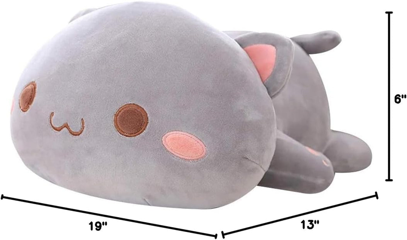 Soft Plush Cat Pillow Toy - 19.6" Kitten Stuffed Animal Gift for Kids (Grey with Round Eyes)