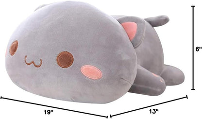 Soft Plush Cat Pillow Toy - 19.6" Kitten Stuffed Animal Gift for Kids (Grey with Round Eyes)