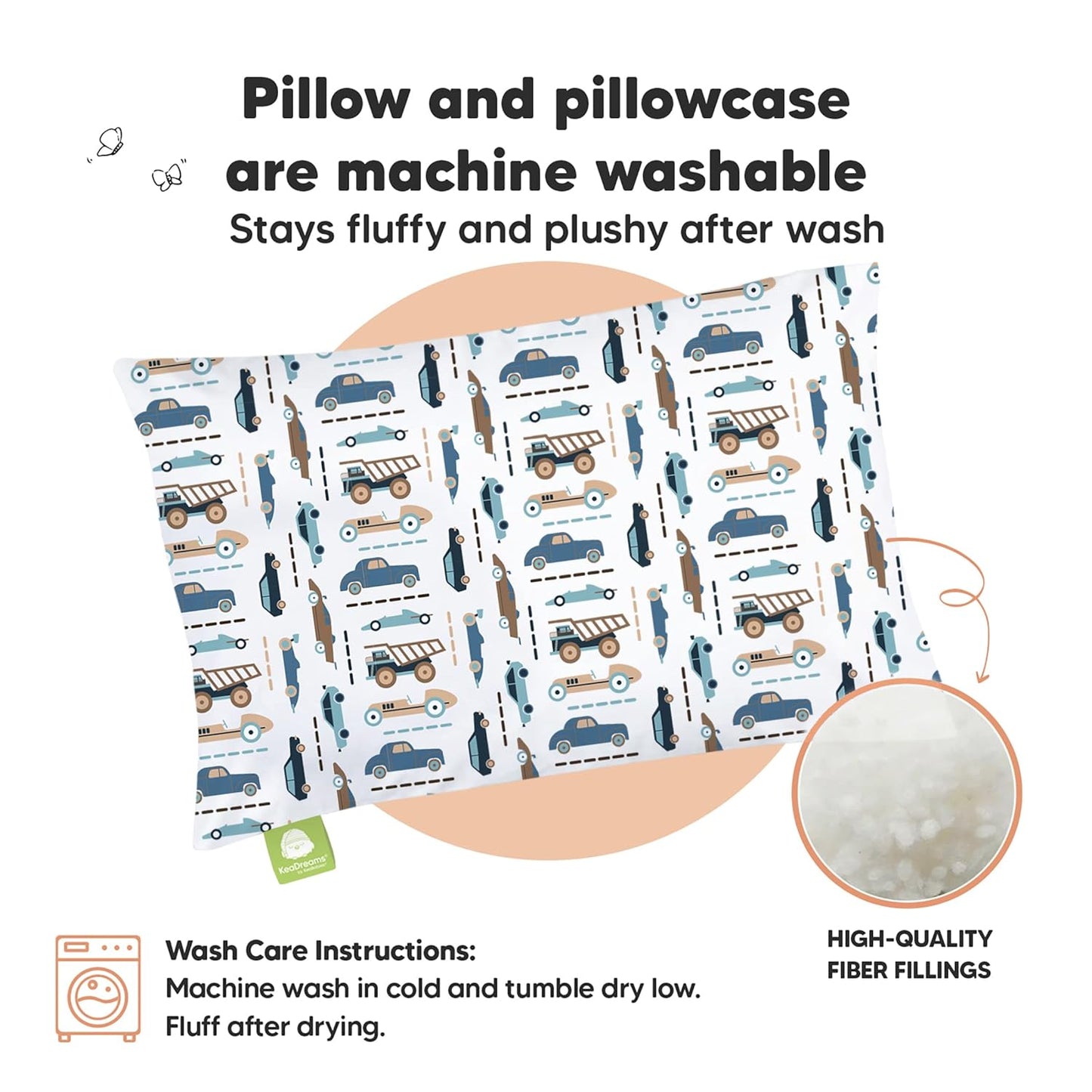 Toddler Travel Pillow with Organic Cotton Pillowcase - 13x18 My Little Dreamy Design, Soft & Breathable, Machine Washable, Ideal for Ages 2-5 (Vroom)