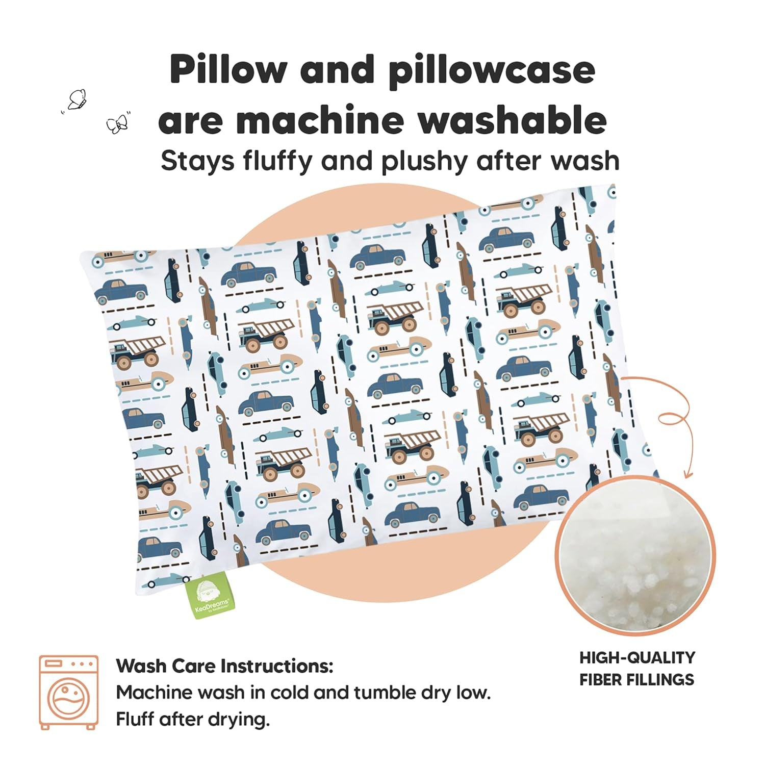Toddler Travel Pillow with Organic Cotton Pillowcase - 13x18 My Little Dreamy Design, Soft & Breathable, Machine Washable, Ideal for Ages 2-5 (Vroom)