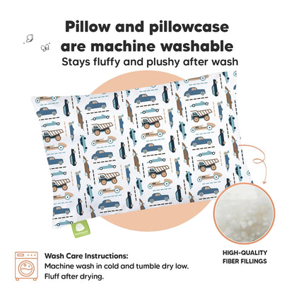 Toddler Travel Pillow with Organic Cotton Pillowcase - 13x18 My Little Dreamy Design, Soft & Breathable, Machine Washable, Ideal for Ages 2-5 (Vroom)