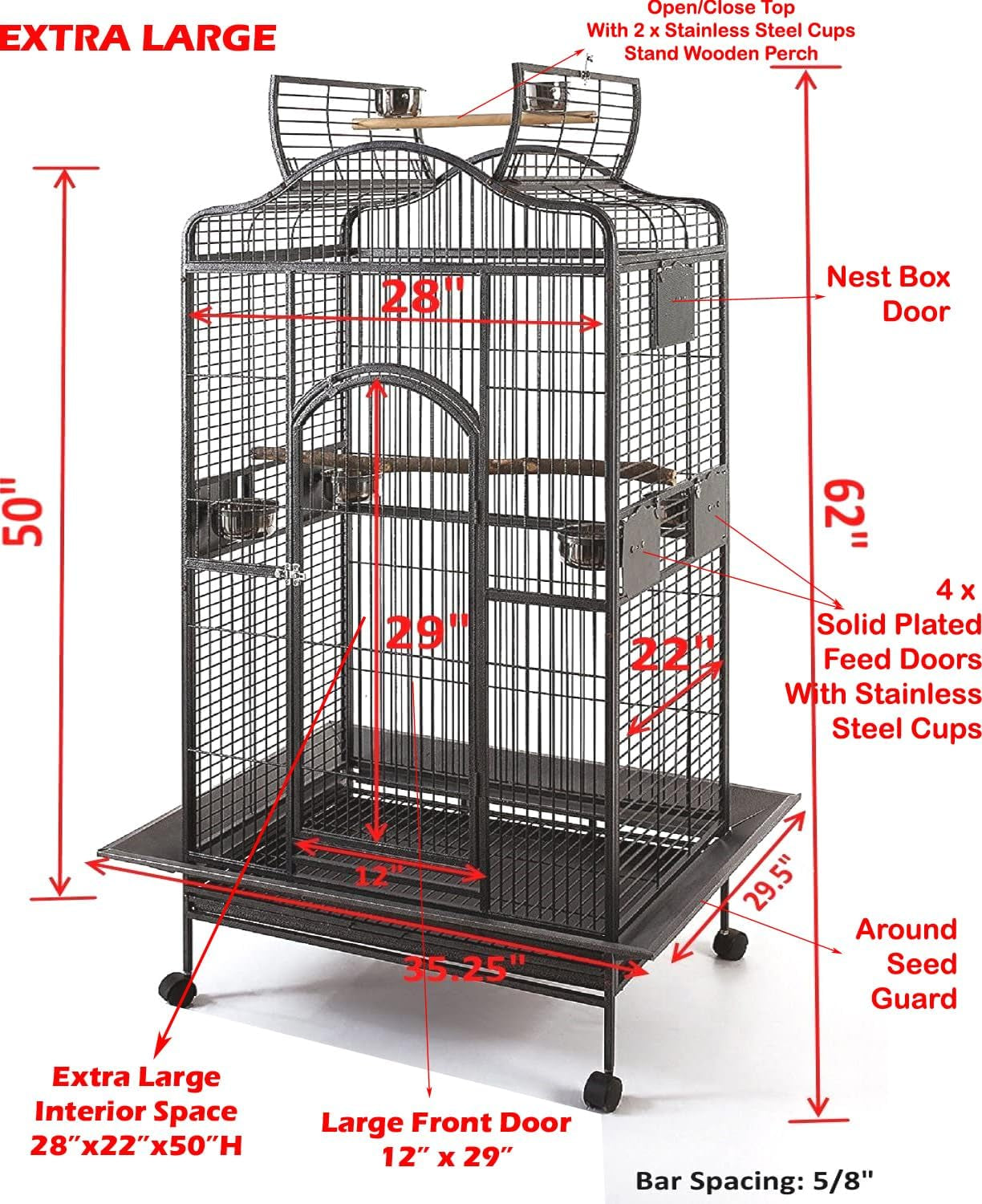 New Large Wrought Iron Open/Close Dome Play Top Bird Parrot Cage, Include Metal Seed Guard (28" W X22 D X 62" H White Vein)