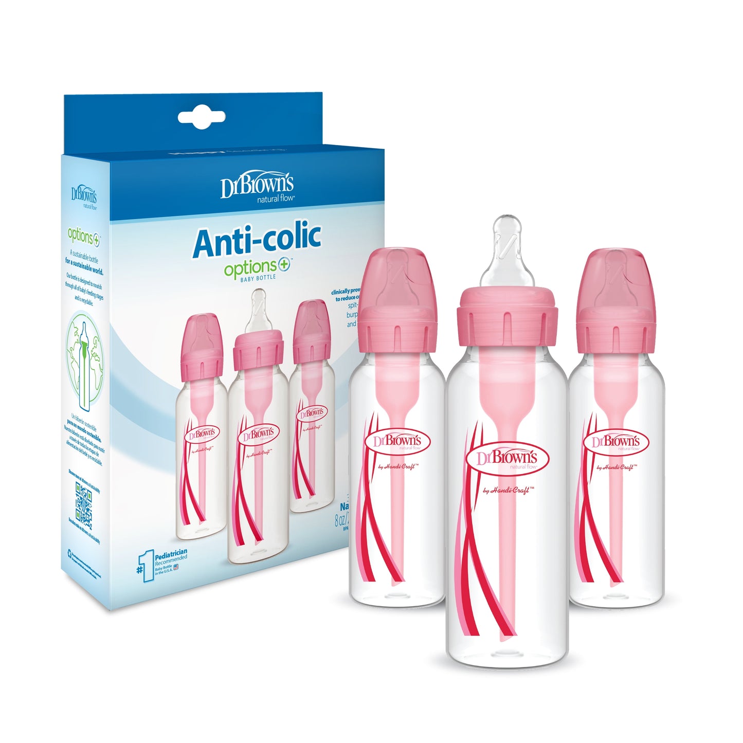 Dr. Brown's Natural Flow Options+ Anti-Colic Narrow Baby Bottles, Pink, 8 oz, Slow Flow, Suitable for Newborns, Set of 3