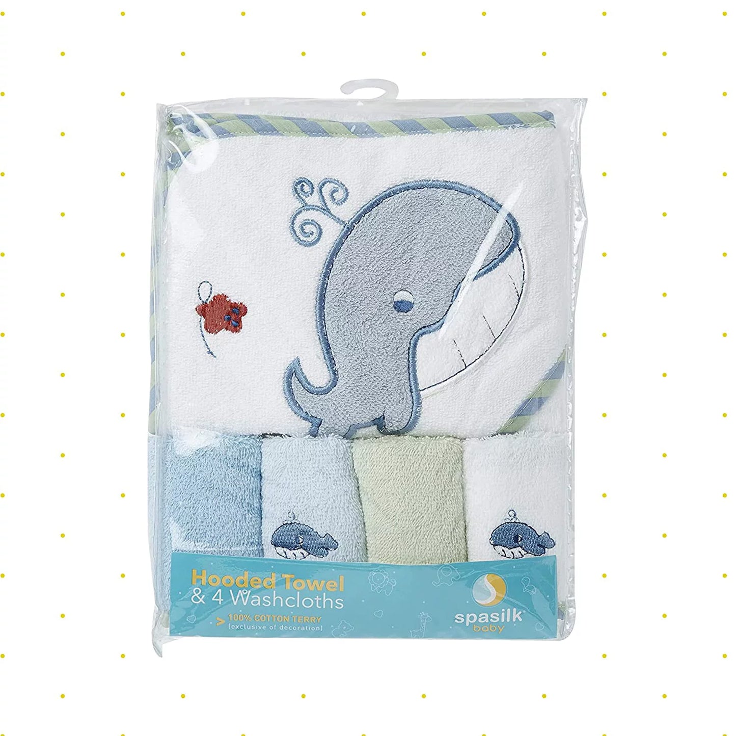 Infant Cotton Terry Hooded Towel and Washcloth Bath Set, 5-Piece, Blue Whale Theme