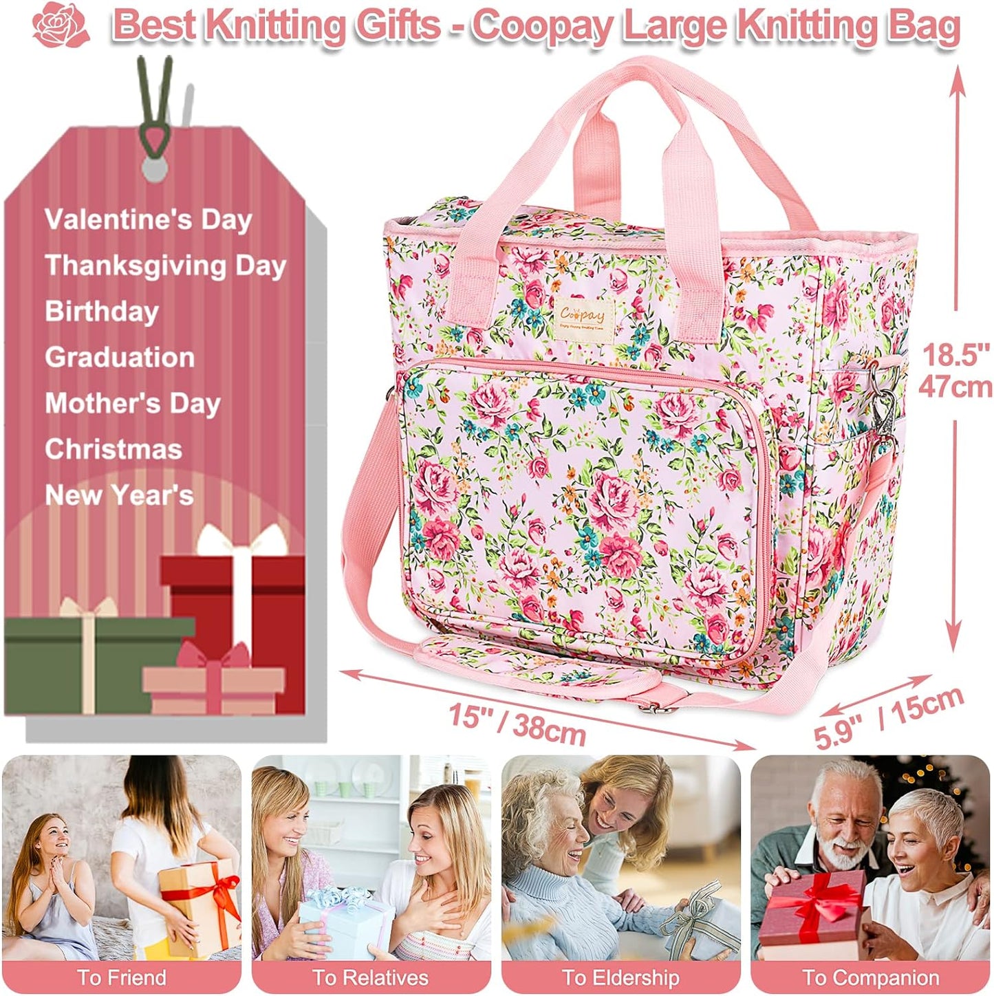 Large Crochet Bag Knitting Bags and Totes Organizer, Traveling Crochet Bags Yarn Bag for Carrying Crochet Hooks, Knitting Kit, Skein Yarn Wool, Project, Knitting & Crochet Supplies, Pink Flower