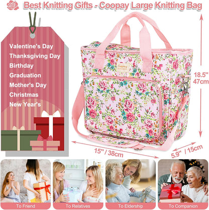 Large Crochet Bag Knitting Bags and Totes Organizer, Traveling Crochet Bags Yarn Bag for Carrying Crochet Hooks, Knitting Kit, Skein Yarn Wool, Project, Knitting & Crochet Supplies, Pink Flower