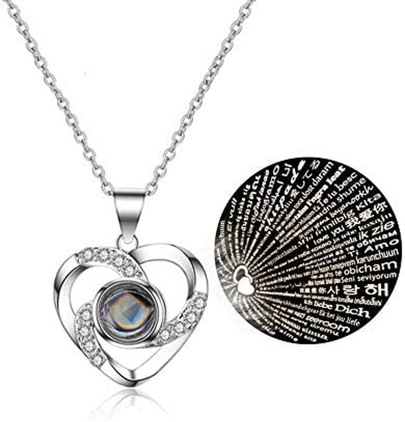 Mother's Day Gift Set: Preserved Real Flower Rose with Silver-Tone Heart Necklace - "I Love You" in 100 Languages, Enchanted Red Crystal Floral Gift for Her