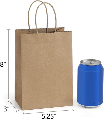 Gift Bags 100Pcs 5.25X3X8 Small Kraft Paper Gift Bags with Handles Bulk, Brown Paper Sacks for Small Business, Retail, Merchandise, Wedding Birthday Party Favor