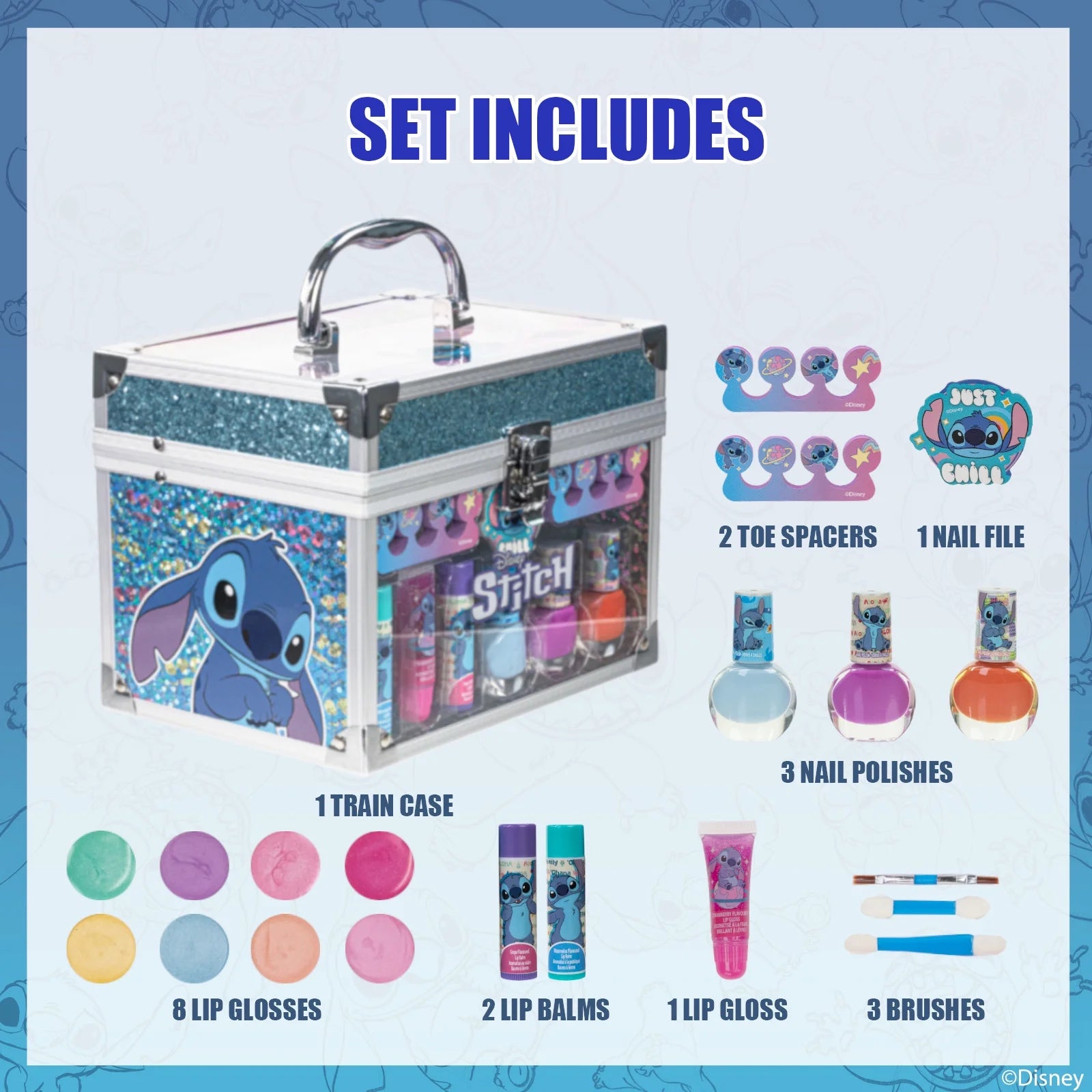 Stitch Kids Makeup Kit Train Case Beauty Set, Washable Play Makeup Set for Kids’ Party Favors