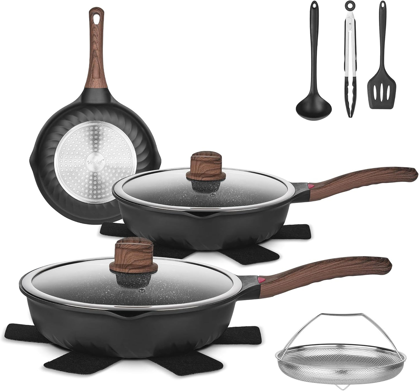 Pots and Pans Set, 12Pcs Nonstick Induction Kitchen Cookware Sets with Stay-Cool Handles, Frying Pans and Saute Pan with Lid, Silicone Cooking Utensil Sets and Pot Protectors, PFAS, PFOA Free