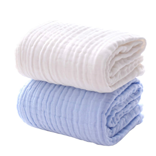 Premium Cotton Baby Bath Towels and Receiving Blankets - 2-Pack Swaddle Set for Newborns and Toddlers (White & Blue)