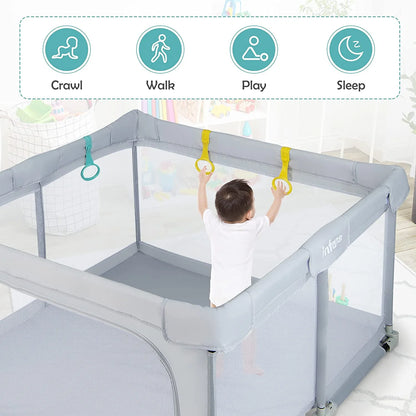 Large Foldable Baby Playpen, 50x50 Playard for Toddlers with Gate, Soft Mesh Design, Indoor/Outdoor Activity Center with 4 Handles and 50 Ocean Balls (Gray)