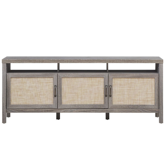 Universal Television Stand Cabinet Media Console with Three Rattan Doors in Grey