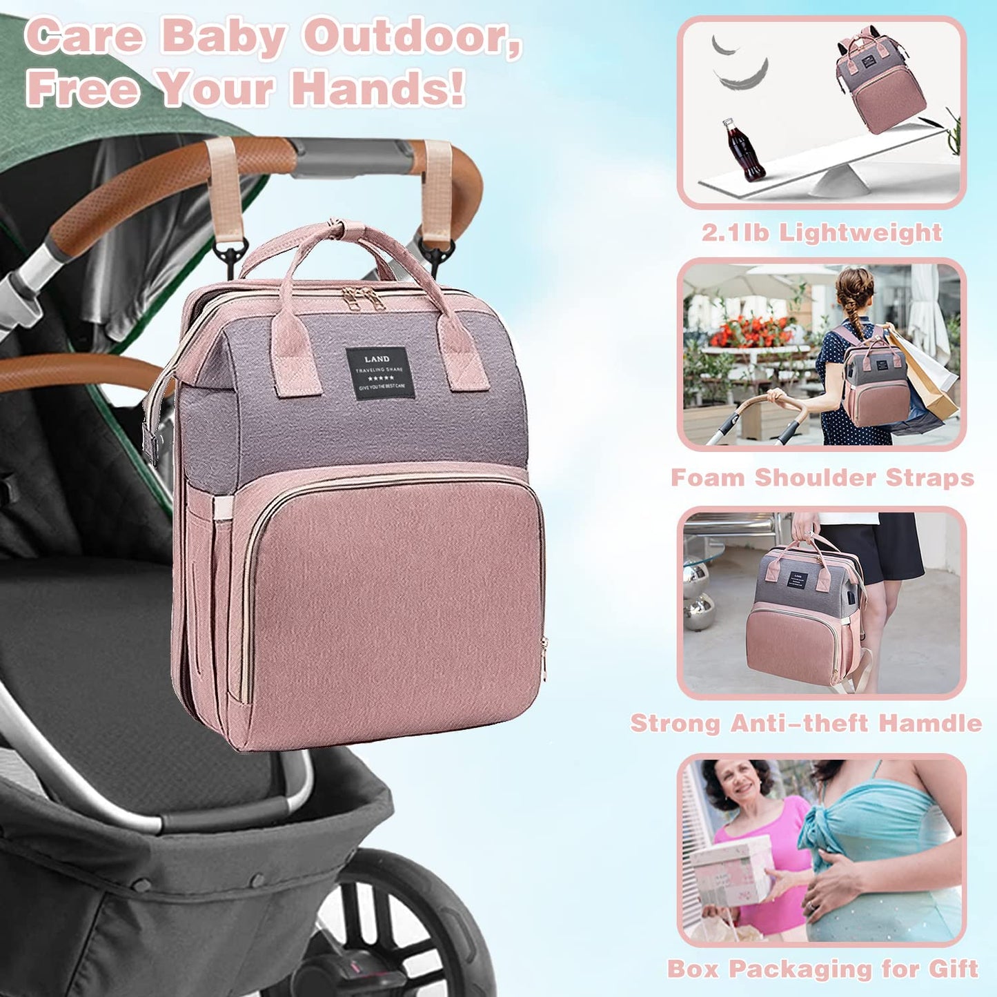 Professional Baby Diaper Backpack with Changing Station, Waterproof Design, USB Charging Port, and Spacious Multifunctional Storage for Parents (Pink-Grey)