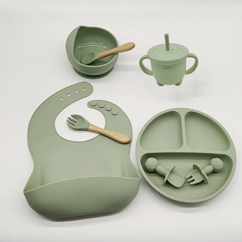 Children's Silicone Tableware Set - 6/8-Piece Dining Essentials with Suction Cups, Forks, Spoons, Bibs, Straws, and Cups for Mothers and Babies