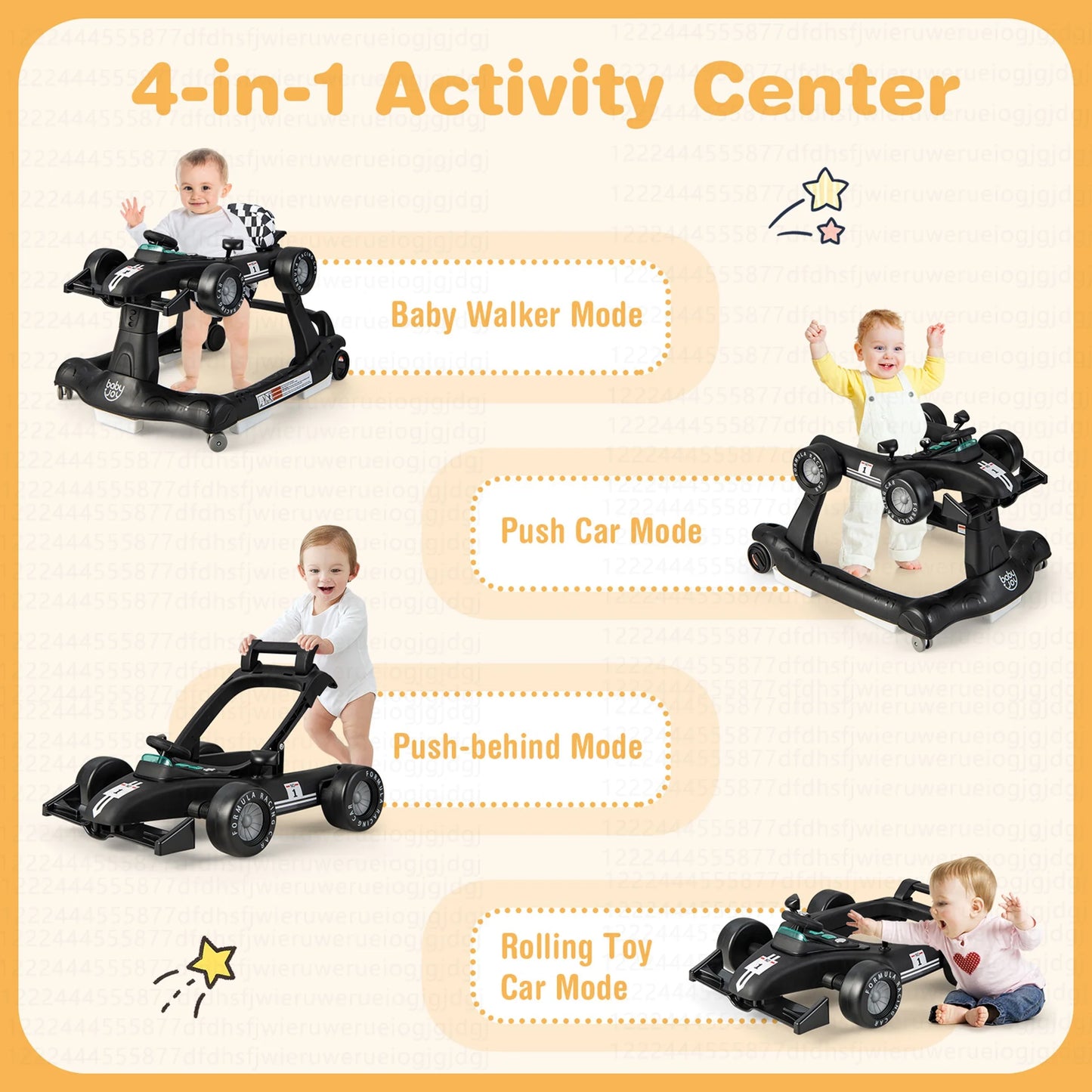Adjustable 4-in-1 Foldable Baby Walker and Activity Push Walker - Black