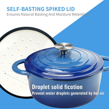 Enameled Cast Iron Dutch Oven with Lid, 3 Quart Heavy Duty Cookware Pot with Dual Handles for Bread Baking, Braising, Stews, Roasting and Oven Safe, Blue