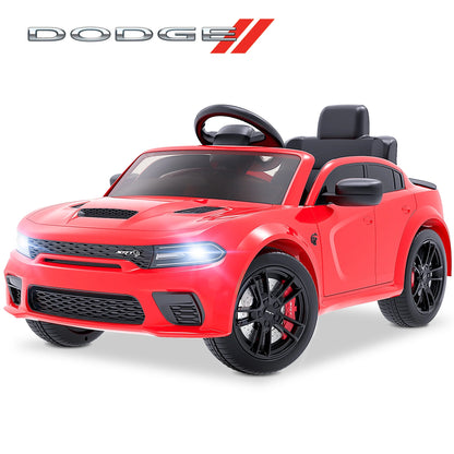 Dodge Licensed 12V Electric Ride-On Charger SRT Hellcat for Kids with Parental Remote Control, Music Player, and LED Lights - Red